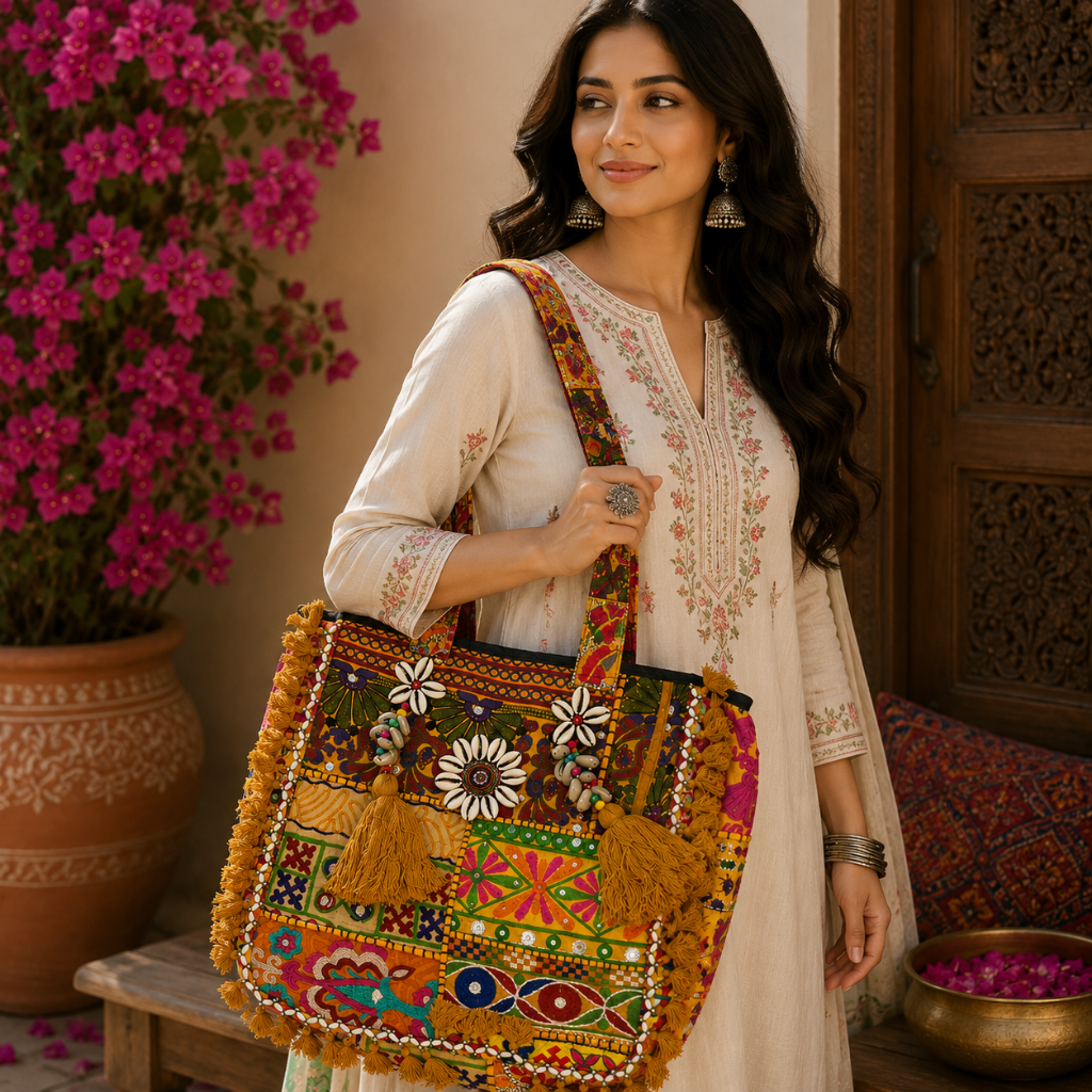 Boho Embroidered Tote Bag with Tassels