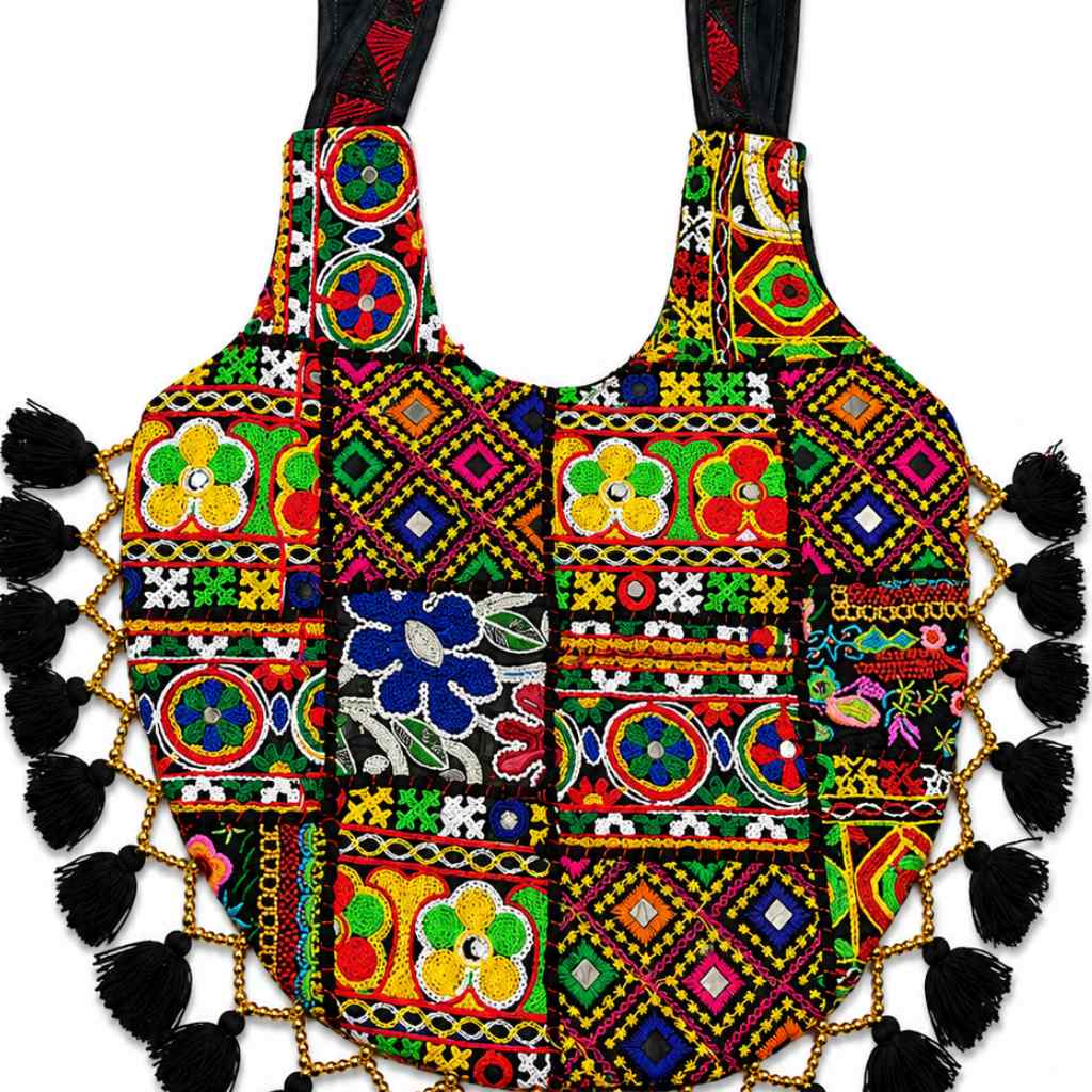 Rainbow Hues Tassel Embroidered Boho Tote Bag