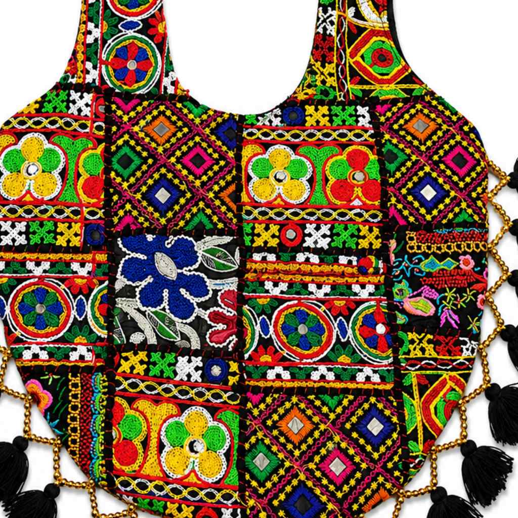 Rainbow Hues Tassel Embroidered Boho Tote Bag