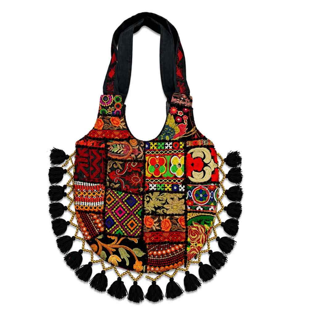 Rainbow Hues Tassel Embroidered Boho Tote Bag