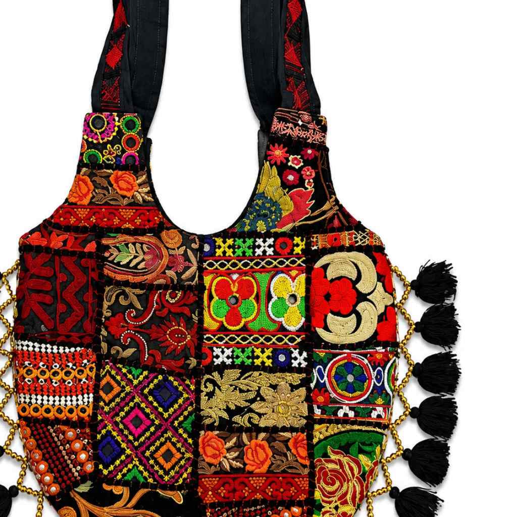 Rainbow Hues Tassel Embroidered Boho Tote Bag
