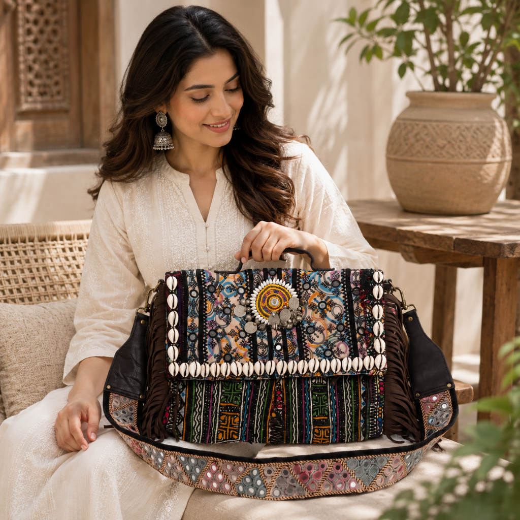 Embroidered Fringe Banjara Laptop Bag for Women