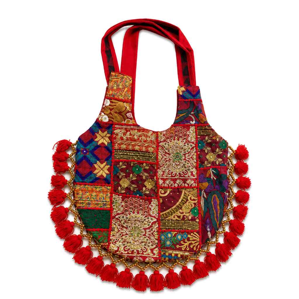 Rainbow Hues Tassel Embroidered Boho Tote Bag