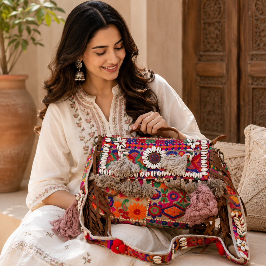 Embroidered Fringe Banjara Laptop Bag for Women