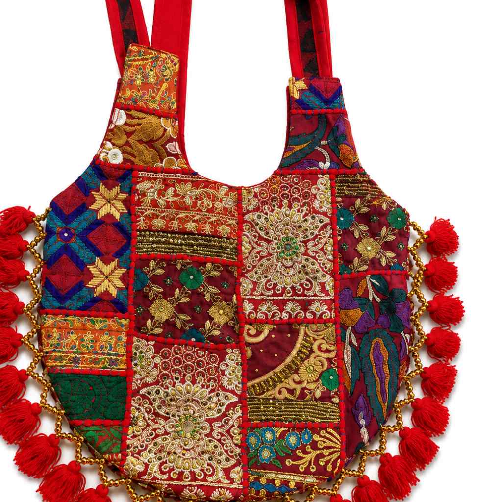 Rainbow Hues Tassel Embroidered Boho Tote Bag