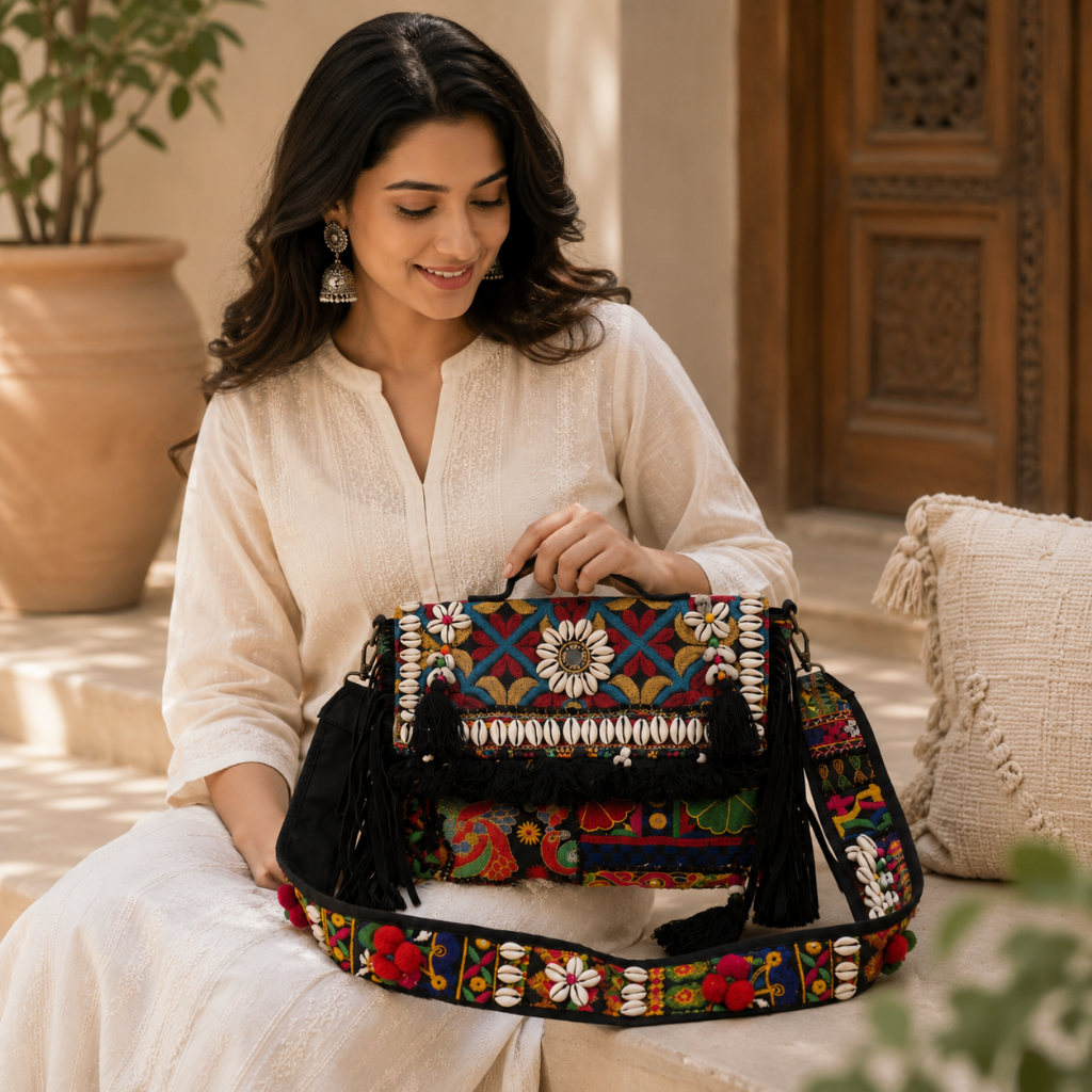 Embroidered Fringe Banjara Laptop Bag for Women