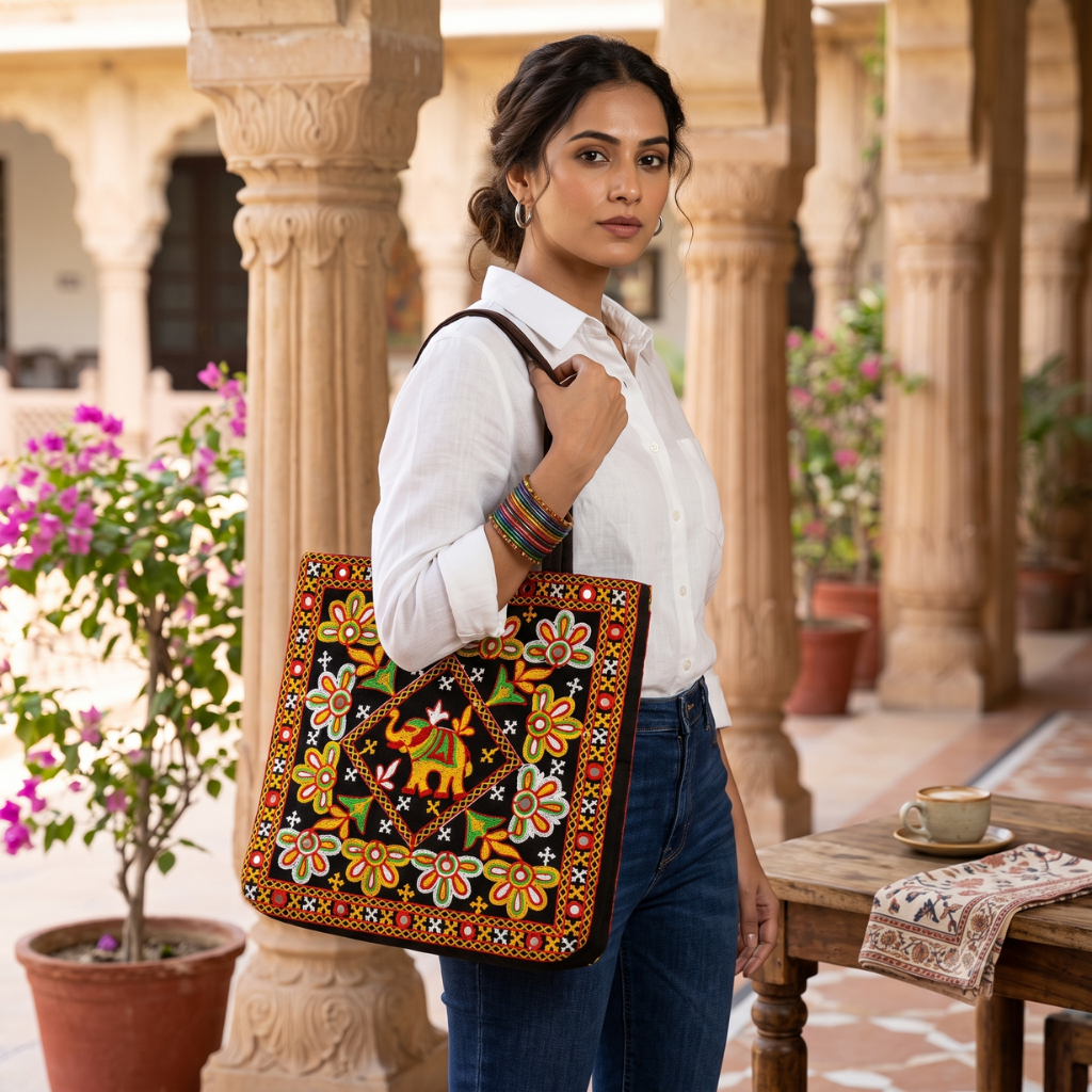 Elephant Threadwork Rajasthani Tote Bag