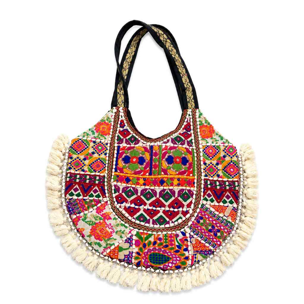 Rainbow Hues Tassel Embroidered Boho Tote Bag