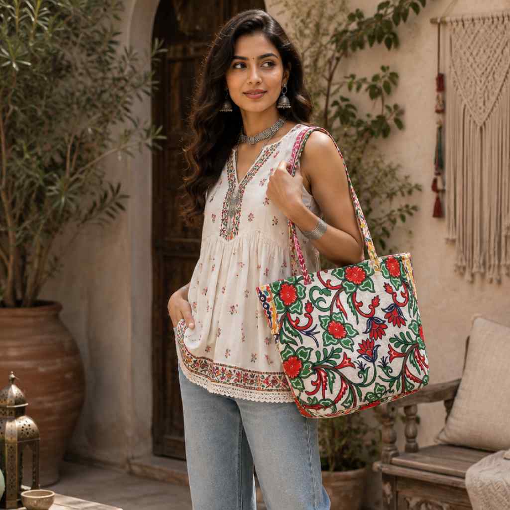 Color Story Embroidered Boho Tote Bag for Women