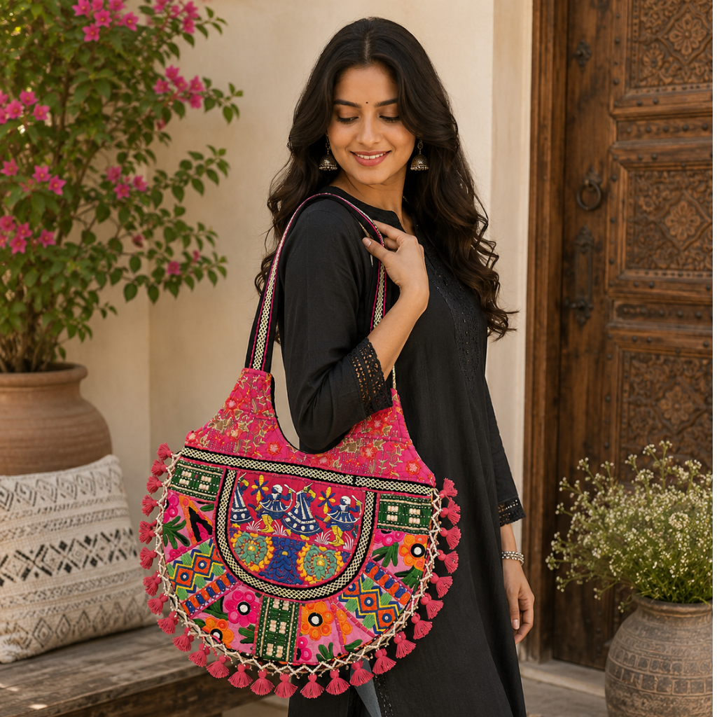 Tribal Hues Boho Embroidered Tote Bag