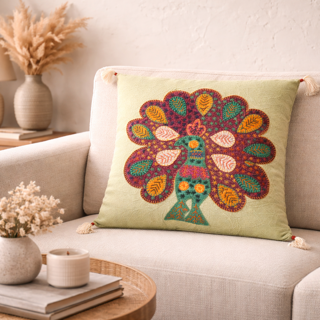 Peacock Grace Pista Green Applique Cushion Cover