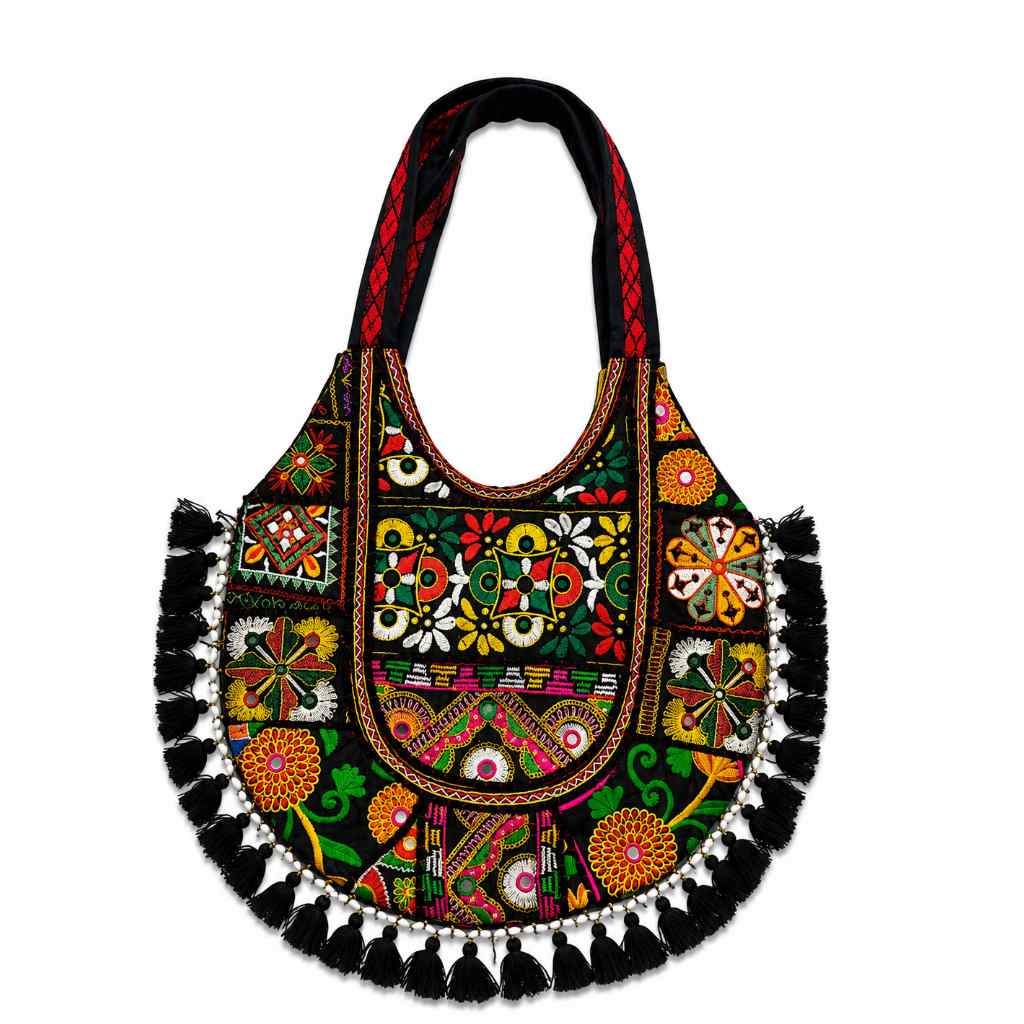 Rainbow Hues Tassel Embroidered Boho Tote Bag