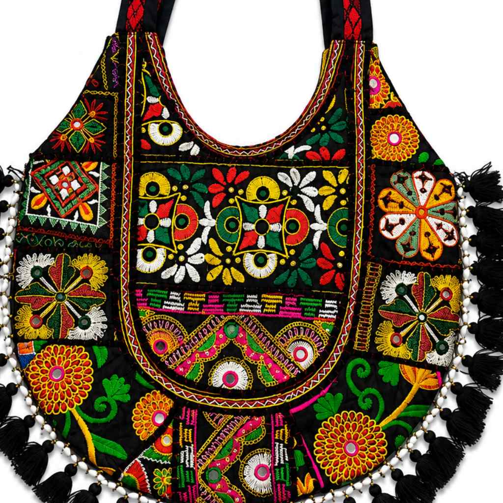 Rainbow Hues Tassel Embroidered Boho Tote Bag