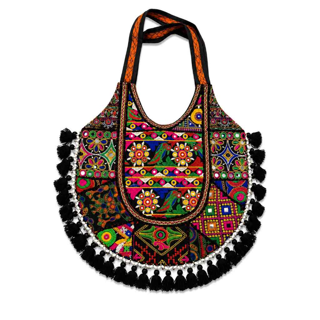 Rainbow Hues Tassel Embroidered Boho Tote Bag