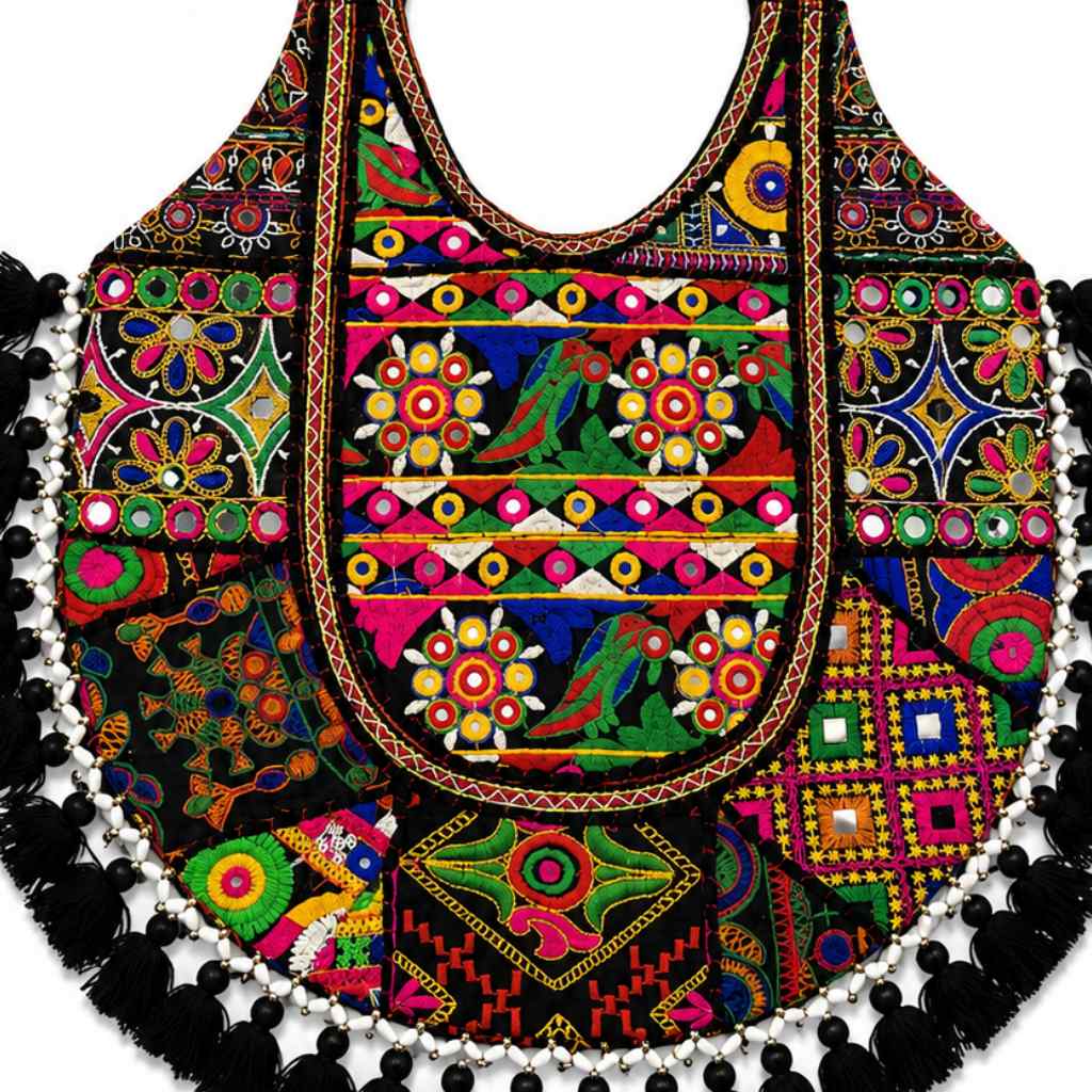 Rainbow Hues Tassel Embroidered Boho Tote Bag