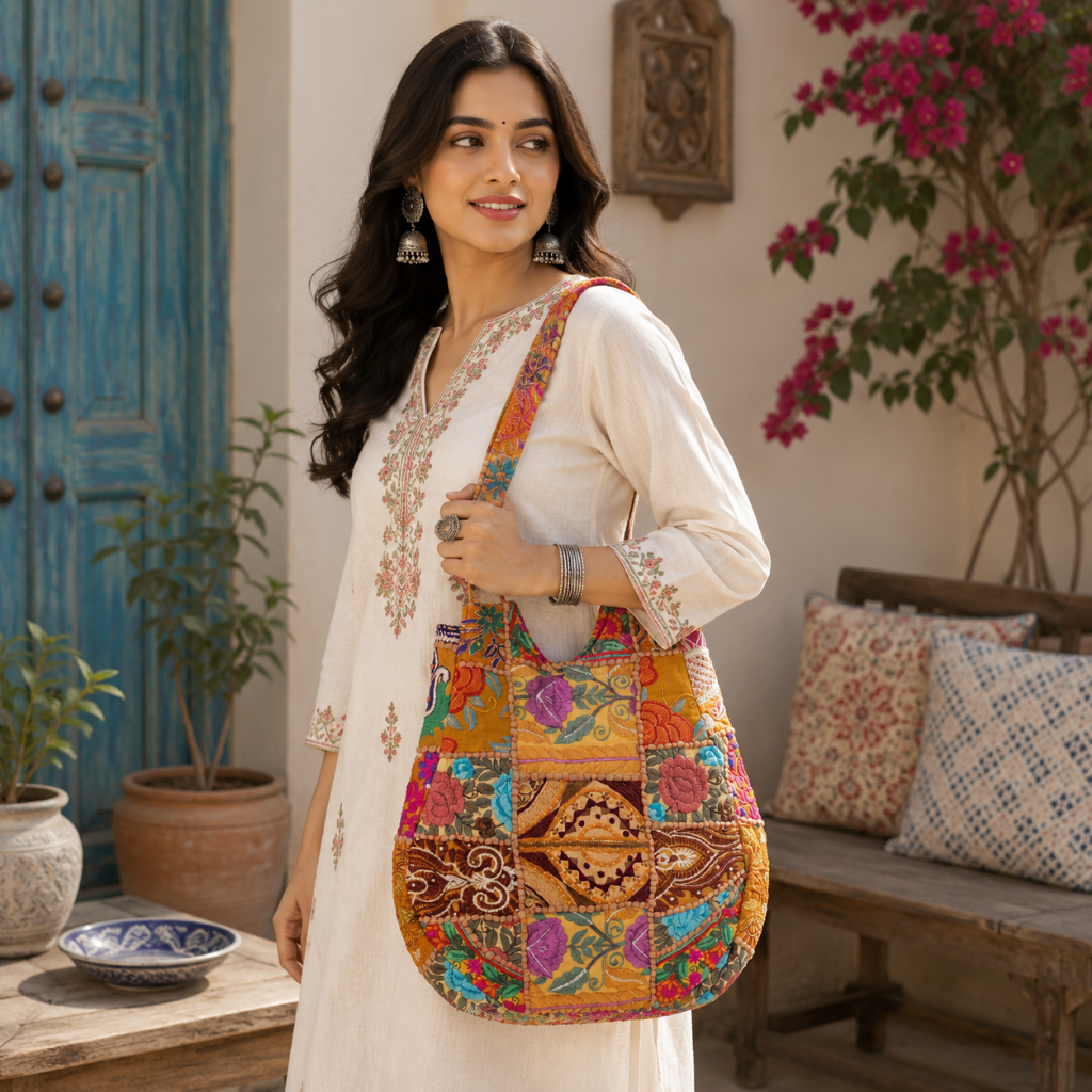 Folk Mosaic Embroidered Banjara Tote Bag for Women
