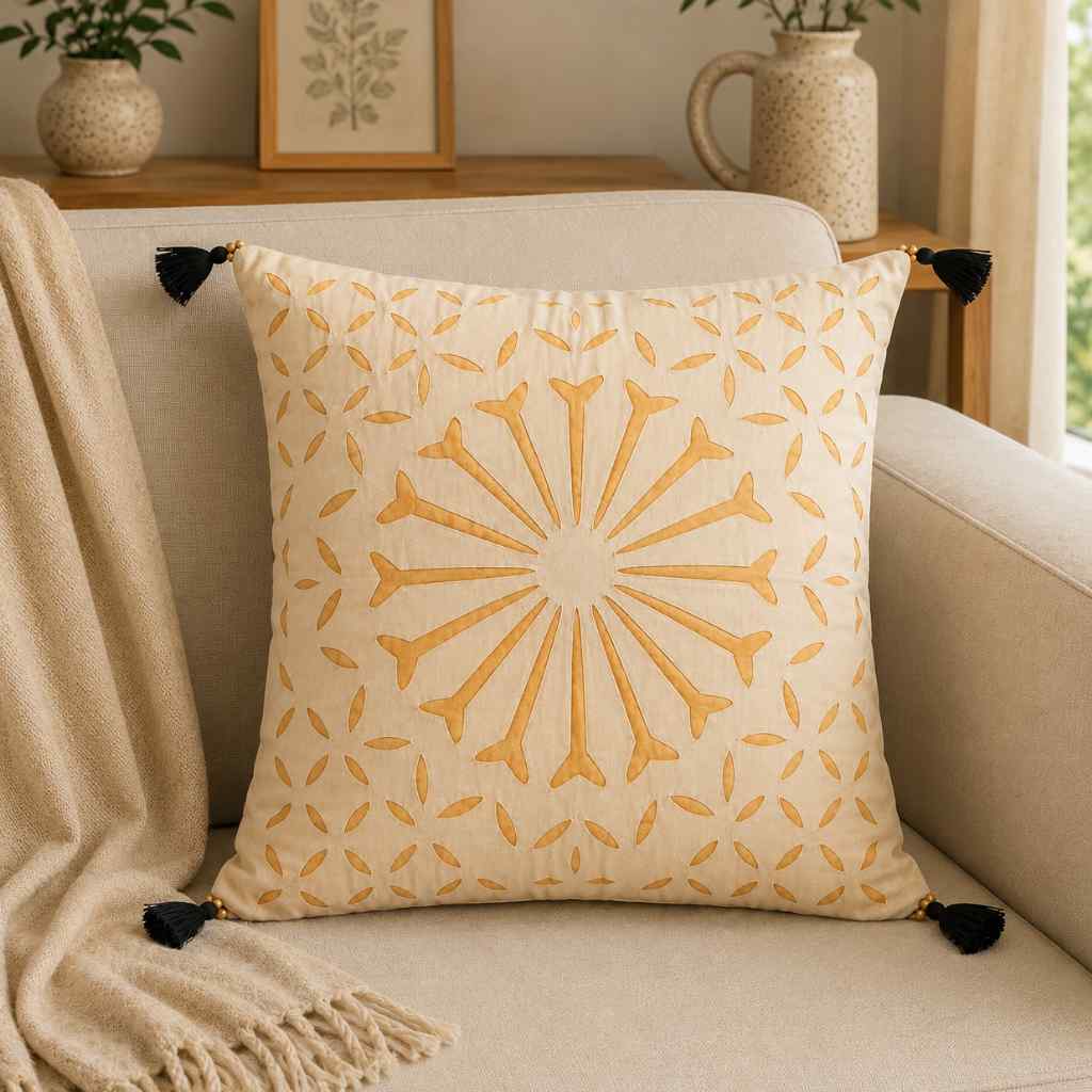 Geometric Applique Cutwork Cushion Cover
