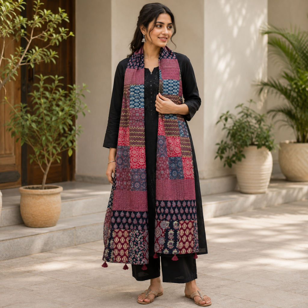 Bohemian Colorful Ajrakh Patchwork Dupatta