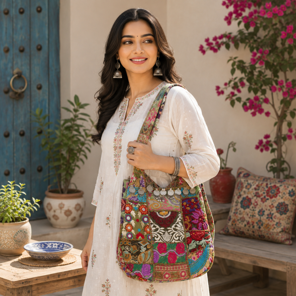 Folk Mosaic Embroidered Banjara Tote Bag for Women