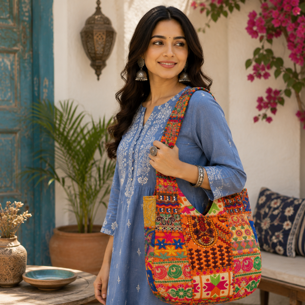 Folk Mosaic Embroidered Banjara Tote Bag for Women