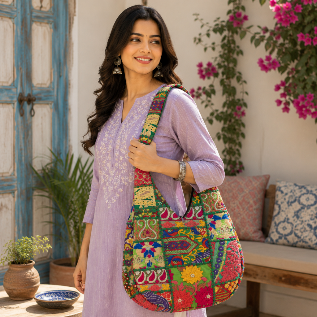 Folk Mosaic Embroidered Banjara Tote Bag for Women