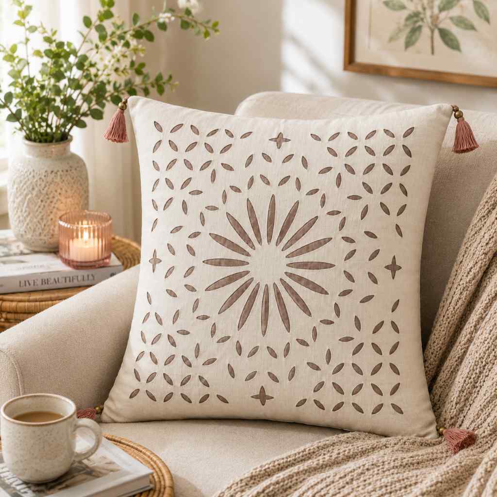 Geometric Applique Cutwork Cushion Cover