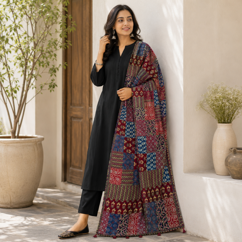 Bohemian Colorful Ajrakh Patchwork Dupatta