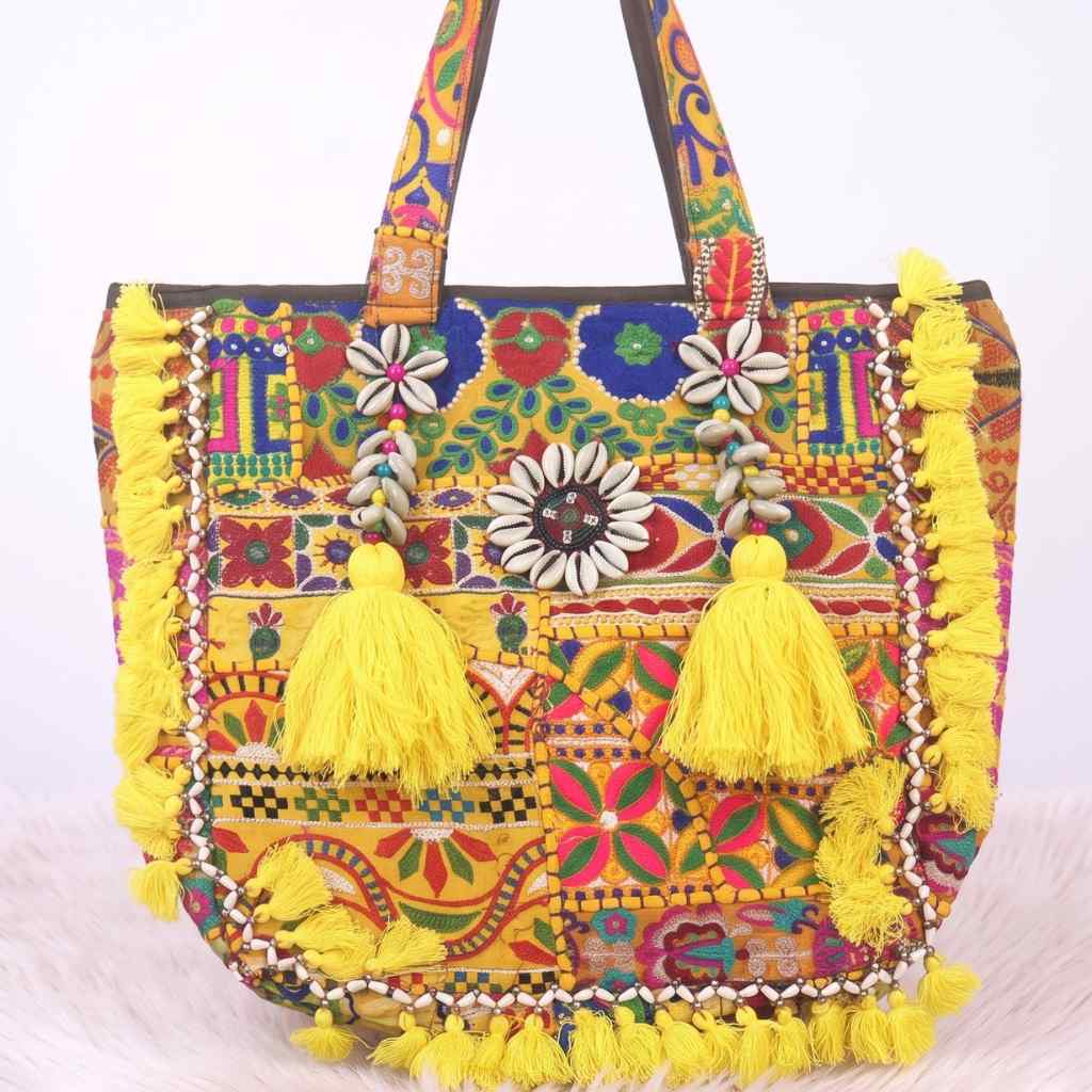 Boho Embroidered Tote Bag with Tassels