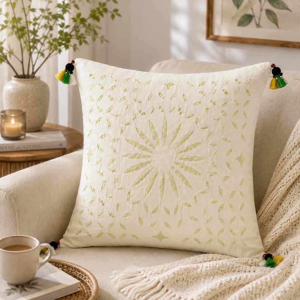 Geometric Applique Cutwork Cushion Cover