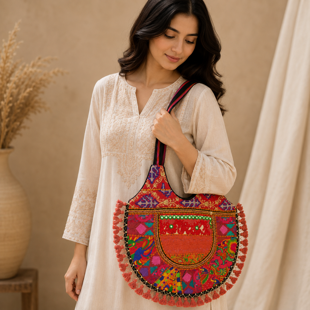 Tribal Hues Boho Embroidered Tote Bag