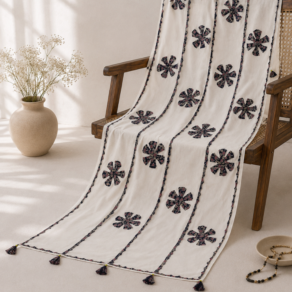 White Vintage Motifs Tassel Applique Dupatta