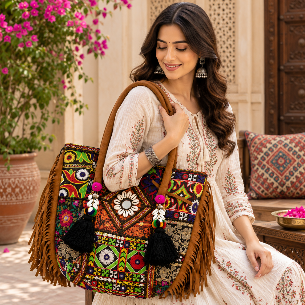 Fringe Play Embroidered Banjara Tote Bag