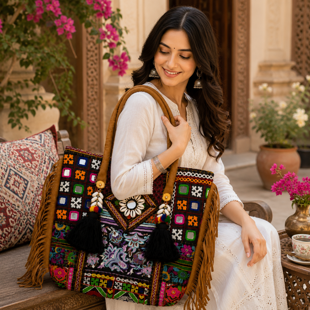 Fringe Play Embroidered Banjara Tote Bag