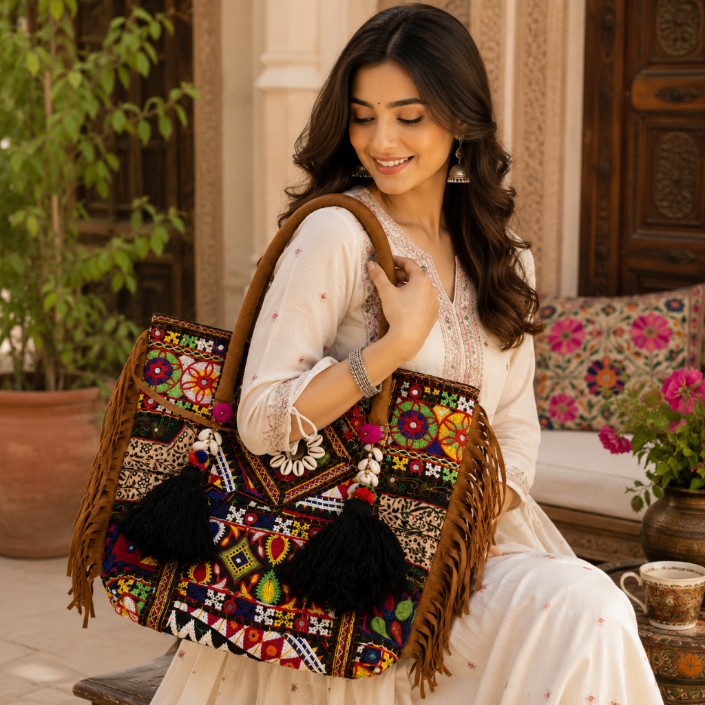 Fringe Play Embroidered Banjara Tote Bag