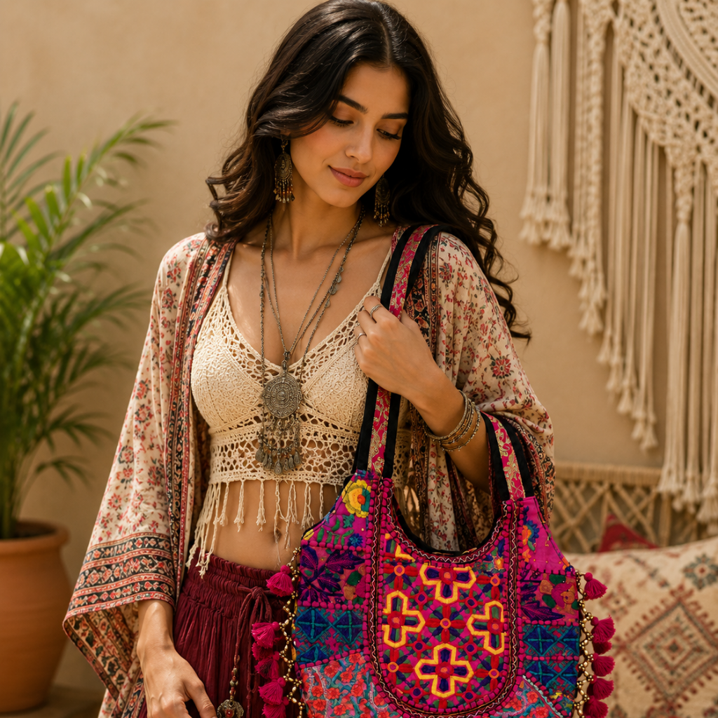 Boho Tassel Embroidered Tote Bag for Women