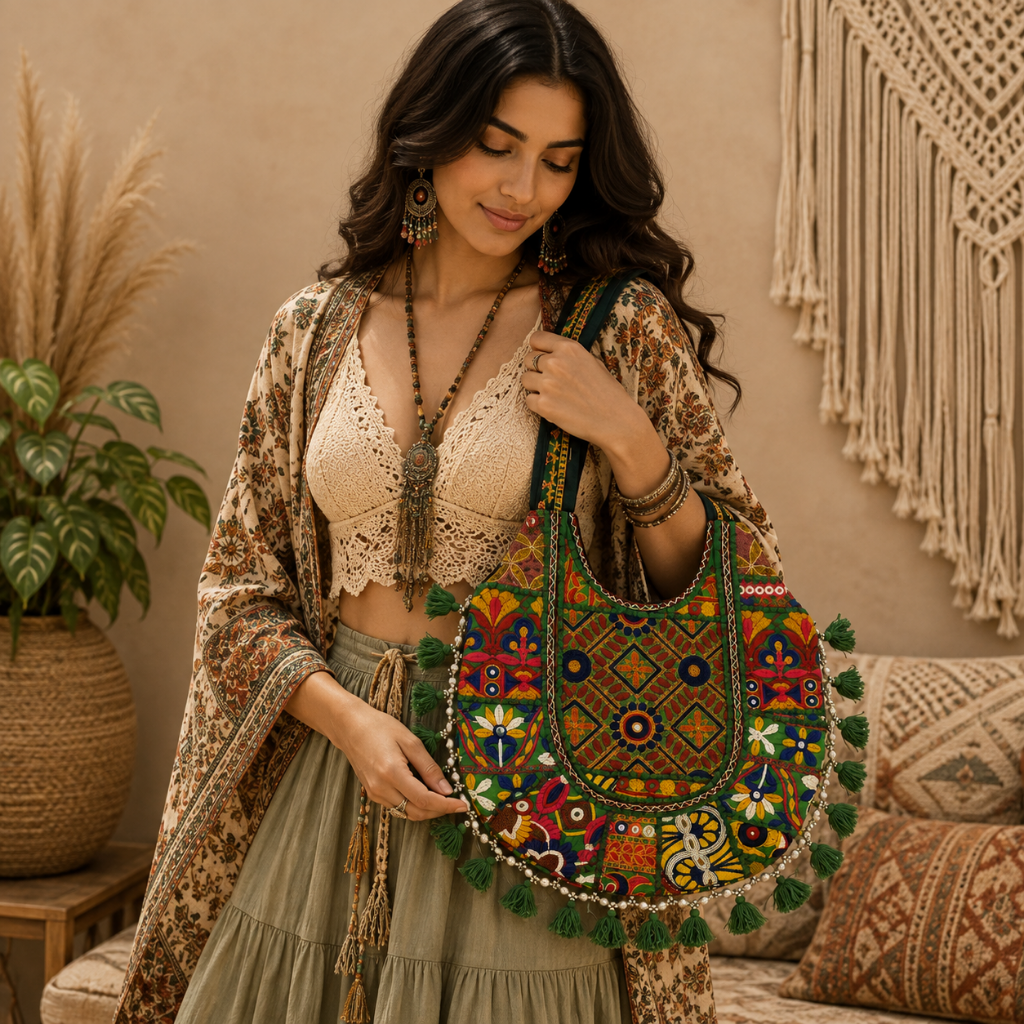 Boho Tassel Embroidered Tote Bag for Women