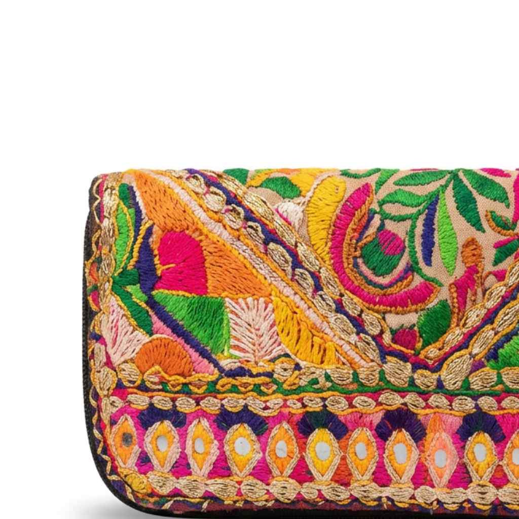 Boho Bloom Colorful Embroidered Cotton Clutch