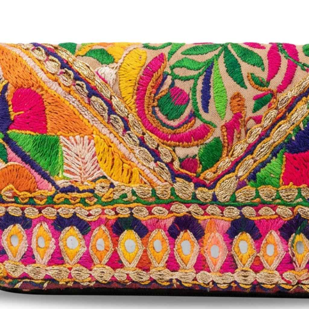 Boho Bloom Colorful Embroidered Cotton Clutch