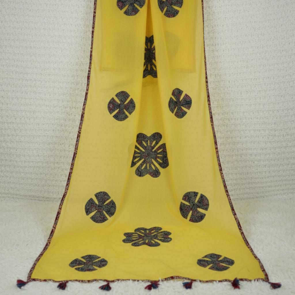 Yellow Cotton Dupatta with Applique Patchwork Design