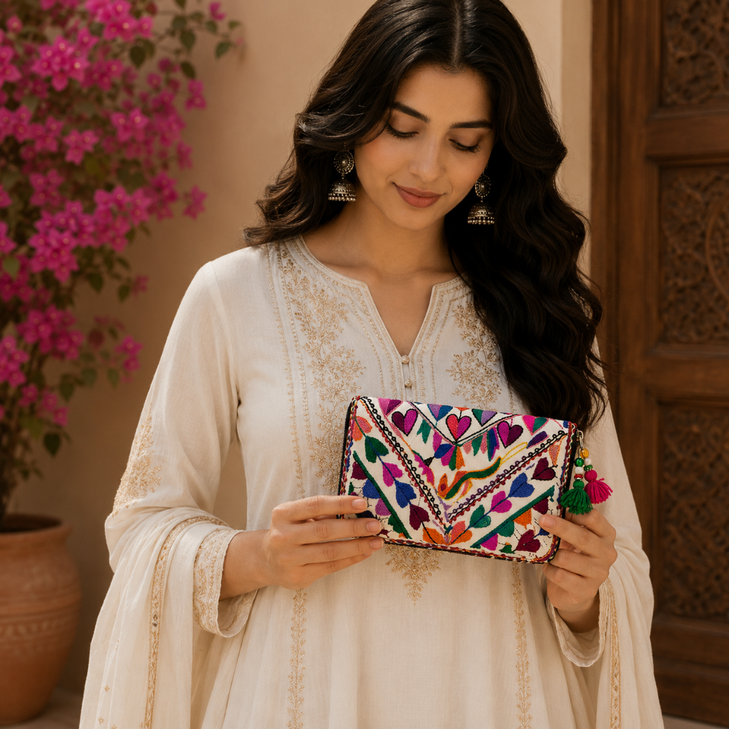 Boho Bloom Colorful Embroidered Cotton Clutch