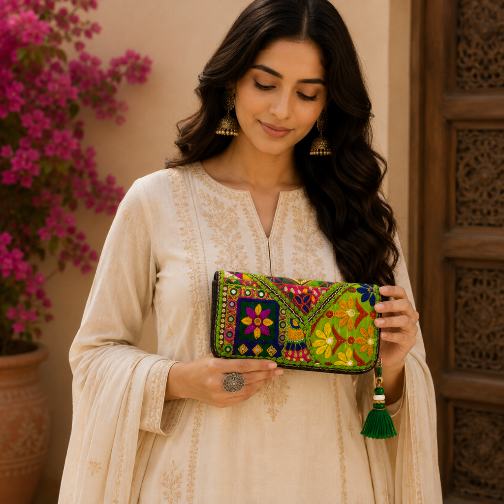 Boho Bloom Colorful Embroidered Cotton Clutch