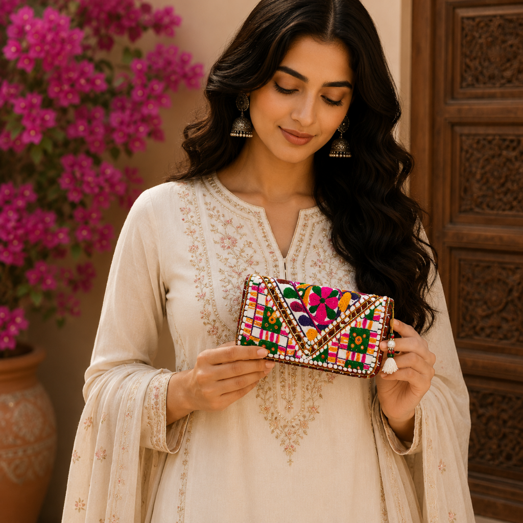 Boho Bloom Colorful Embroidered Cotton Clutch