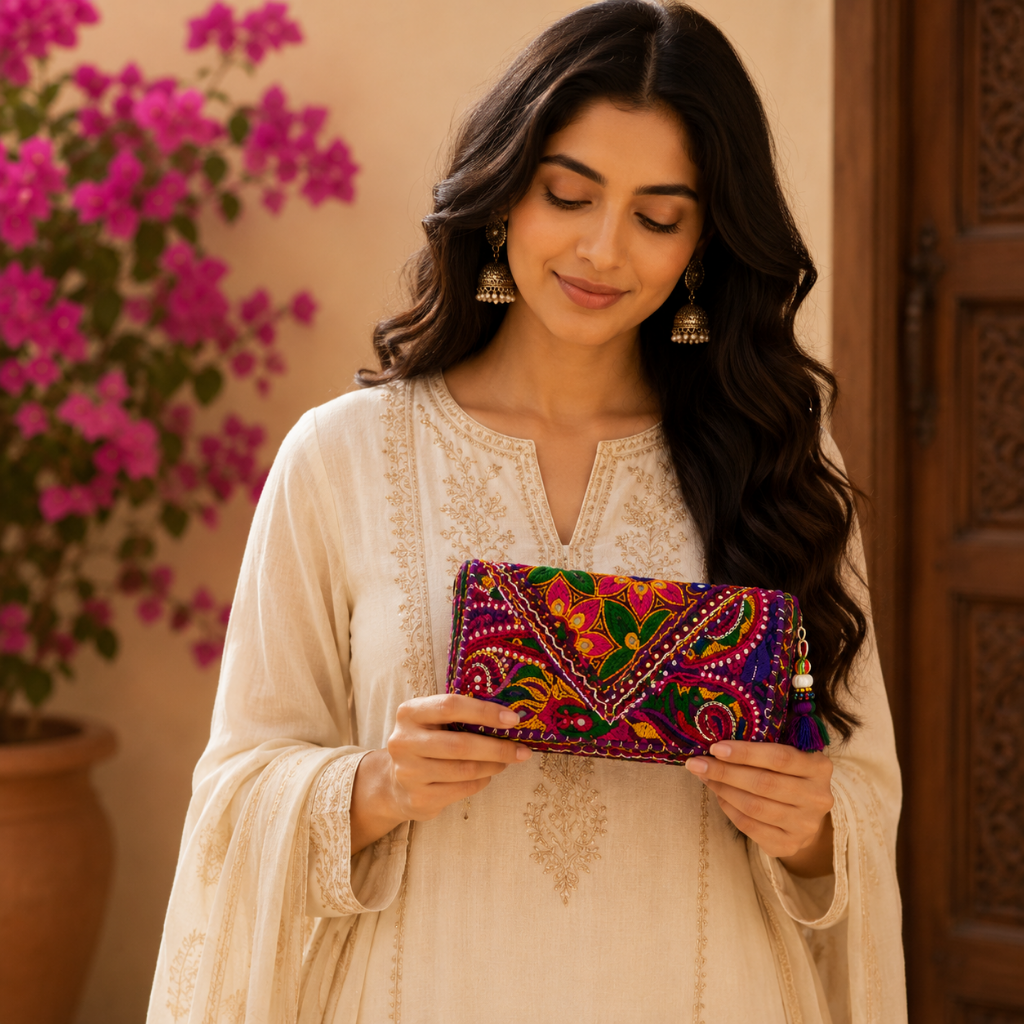 Boho Bloom Colorful Embroidered Cotton Clutch