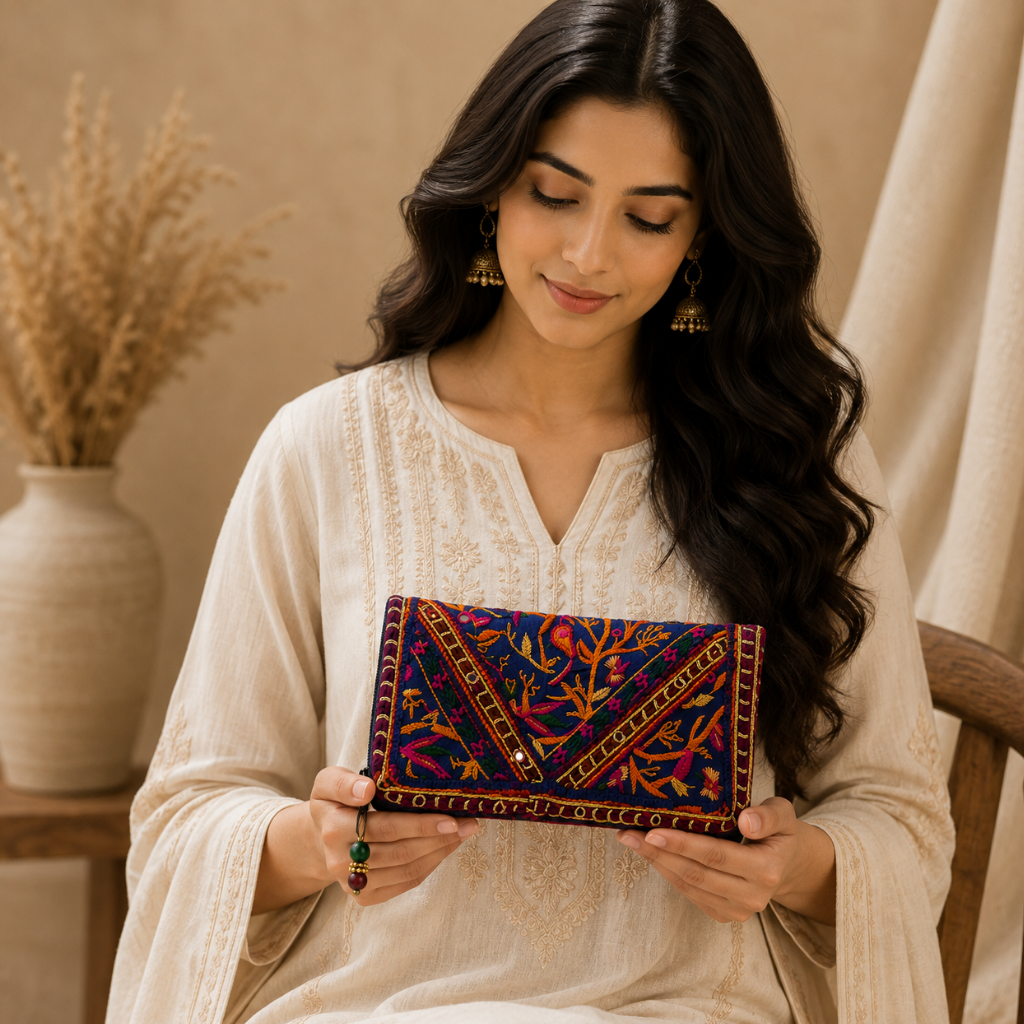 Boho Bloom Colorful Embroidered Cotton Clutch