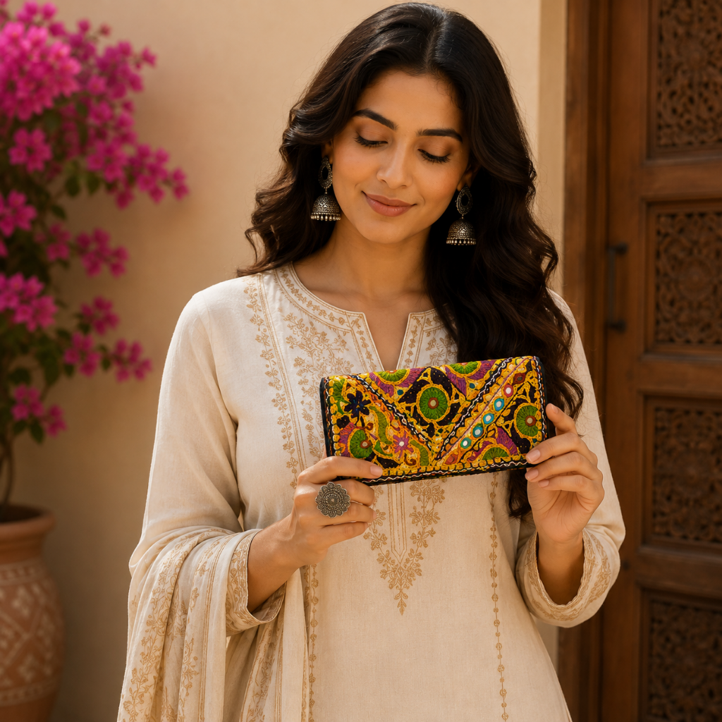 Boho Bloom Colorful Embroidered Cotton Clutch