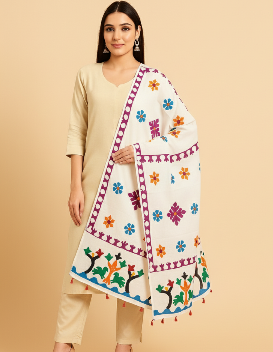 Folk Multicolour Applique Work White Dupatta
