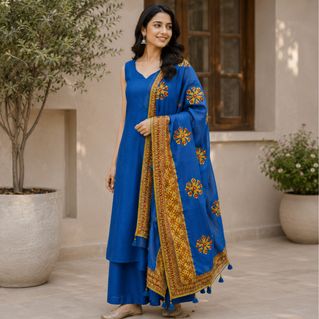 Applique Work Blue Cotton Dupatta