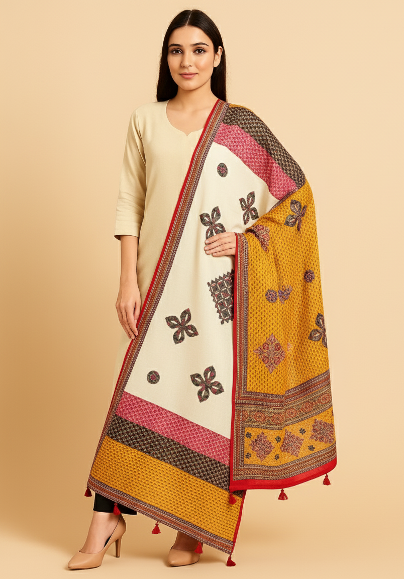 White Vintage Motifs Tassel Embroidered Dupatta