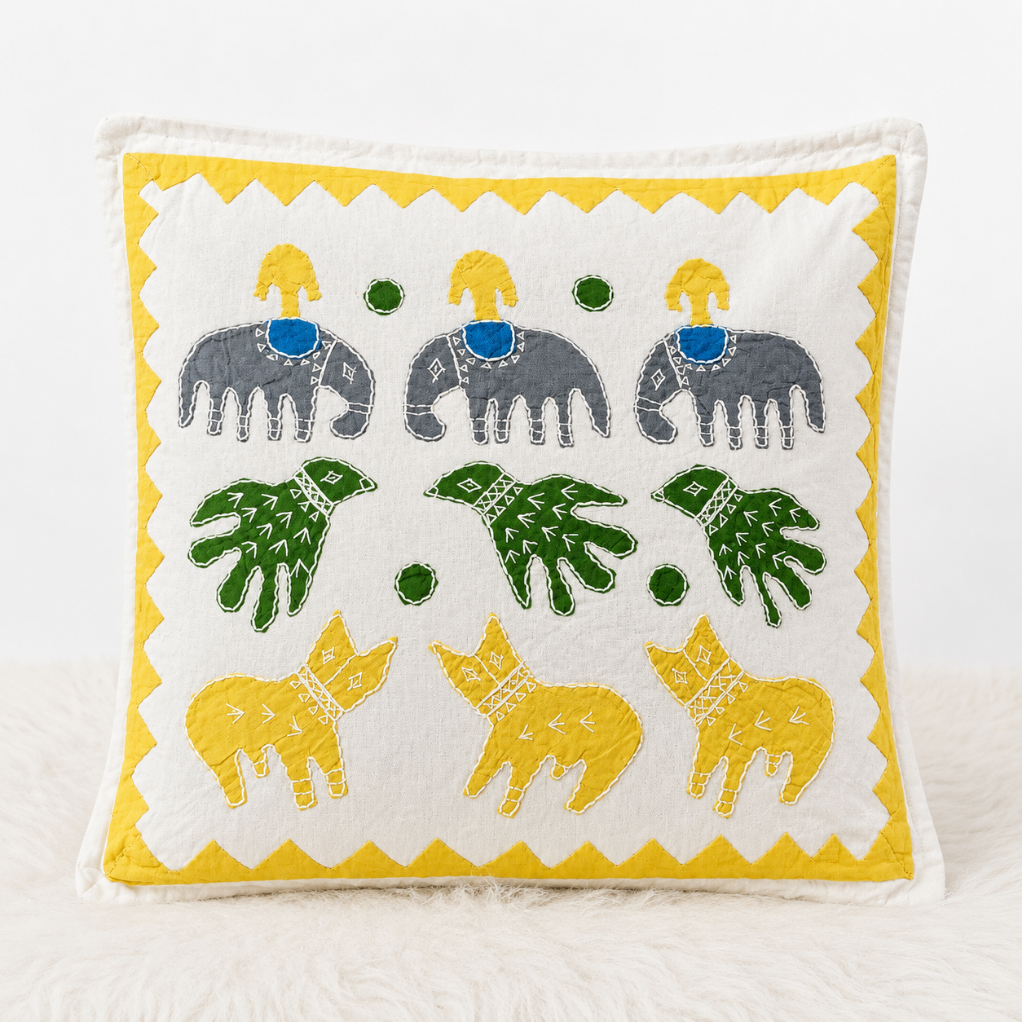 Gentle Safari Animal Motifs Applique Cotton Cushion Cover
