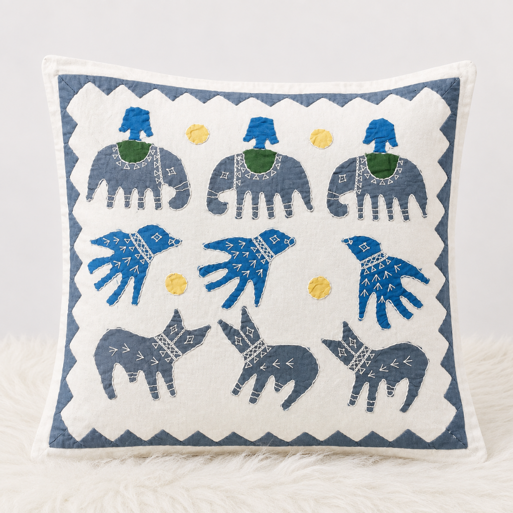 Gentle Safari Animal Motifs Applique Cotton Cushion Cover